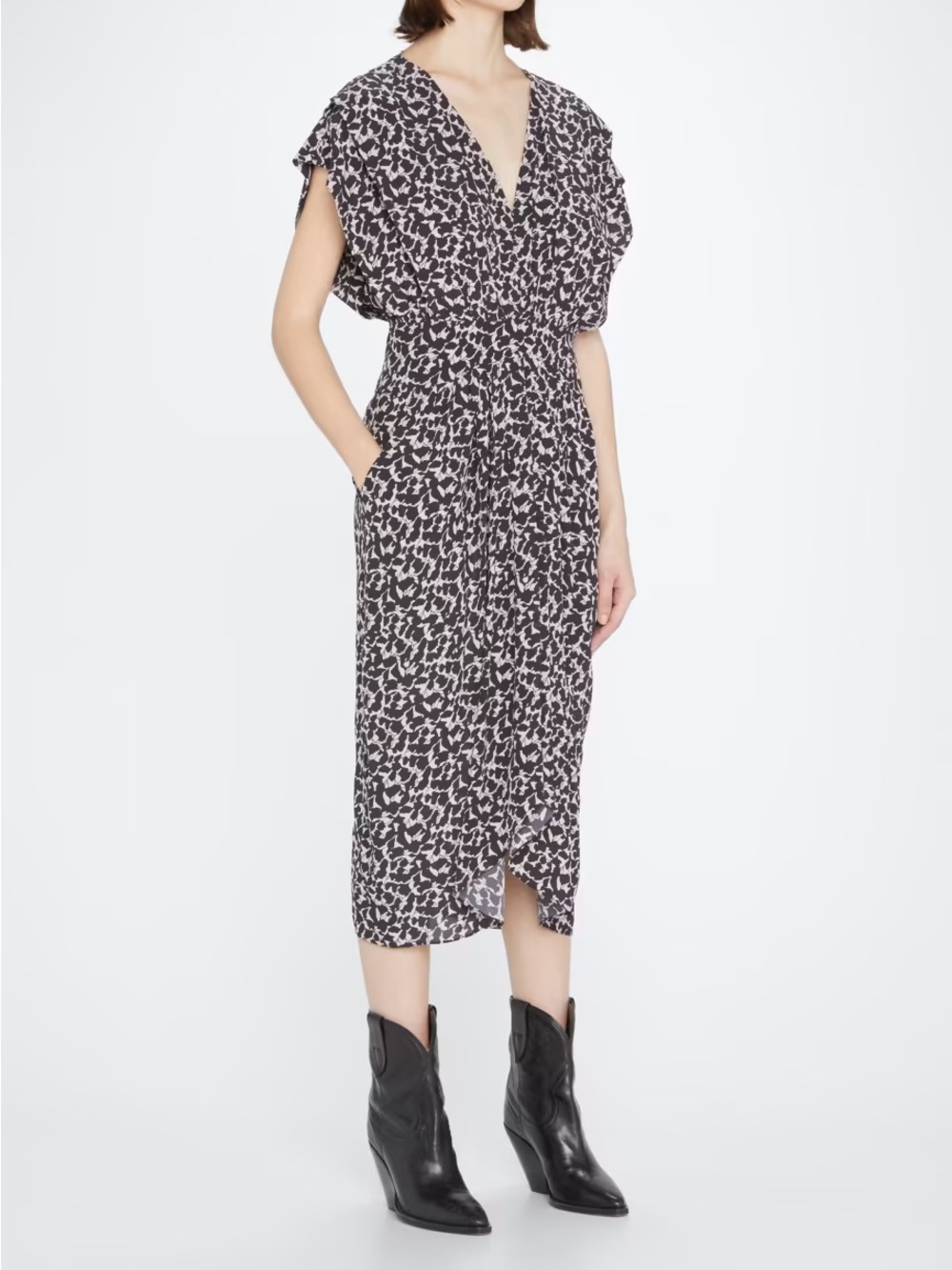 Isabel Marant Black and White Printed V-Neck Midi Dress EU34/US2